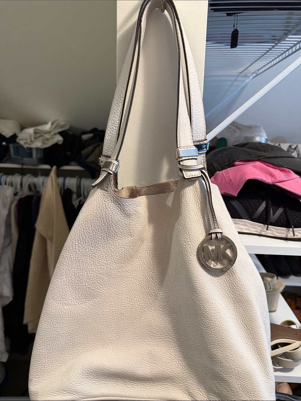 Michael Kors Ivory Pebbled Leather Shoulder Bag with MK Charm